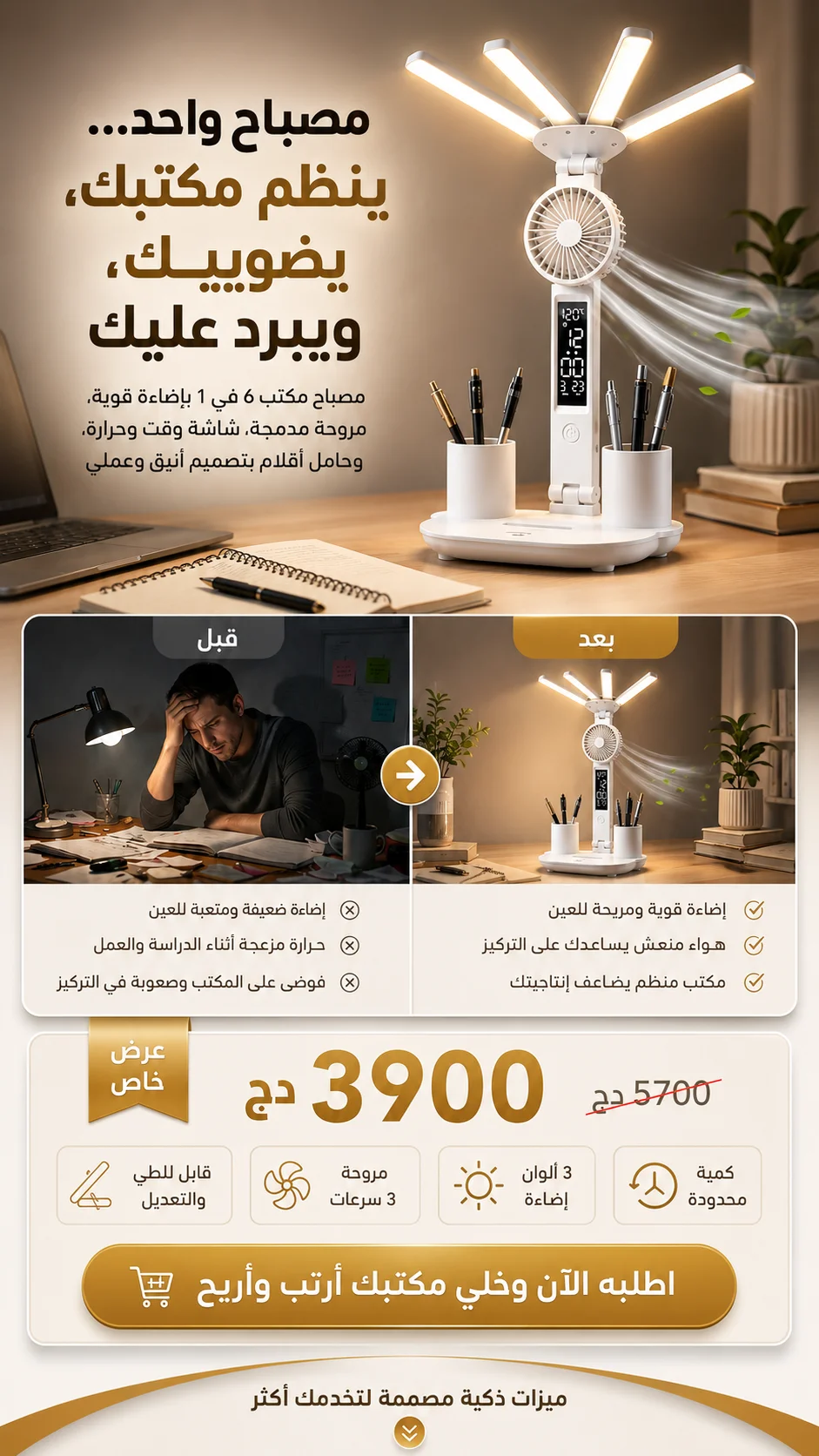 Multifunctional foldable LED desk lamp with fan and clock