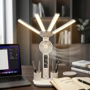Multifunctional foldable LED desk lamp with fan and clock